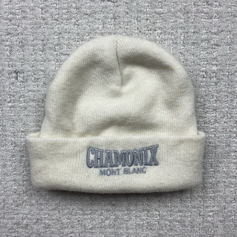 Chamonix Mont-Blanc France White Ski / Snowboard Winter Beanie Hat Spell out